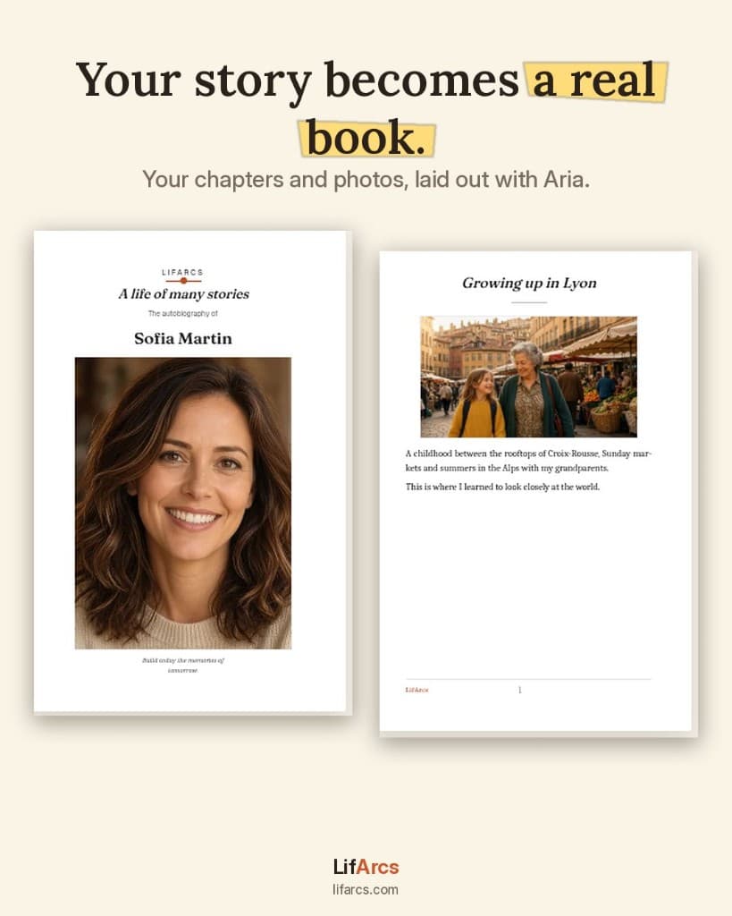 Exemple de livre autobiographique LifArcs : couverture de l’histoire de Sofia Martin à côté d’une page intérieure avec photo et texte.